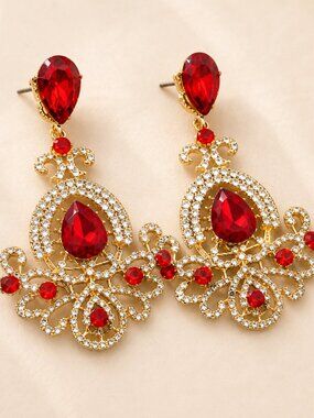 Vintage Style Red Rhinestone Chandelier Statement Earrings Gold Tone